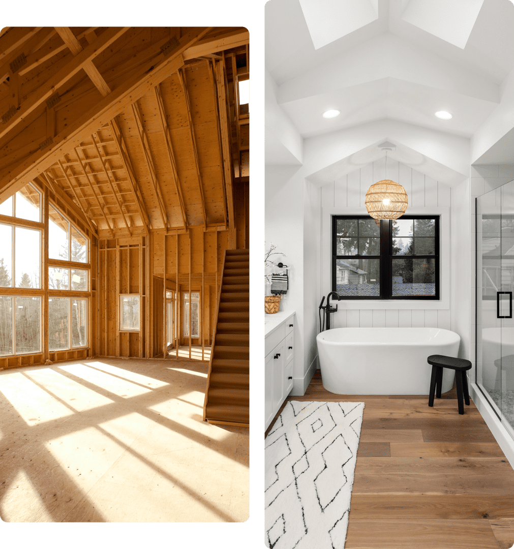 Home interior under construction and finished bathroom.