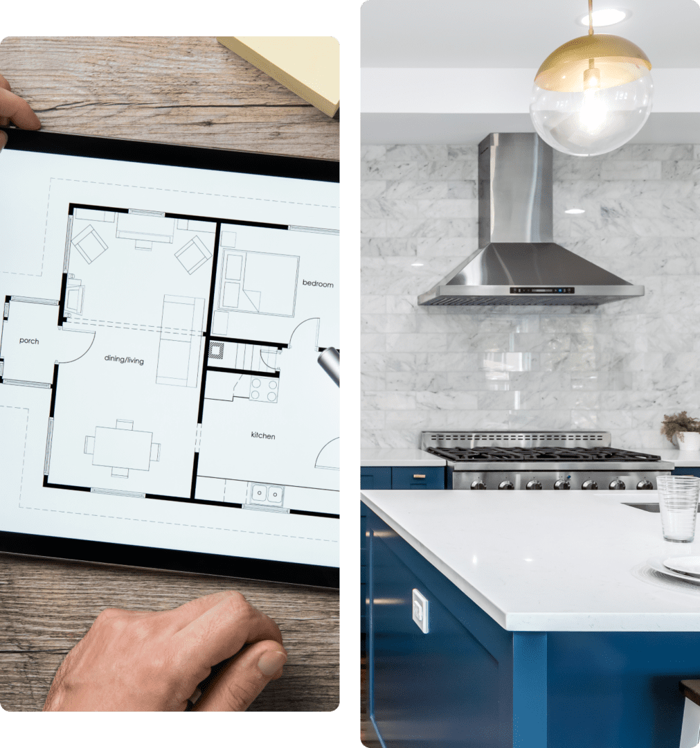 Tablet with floor plan; modern kitchen design.