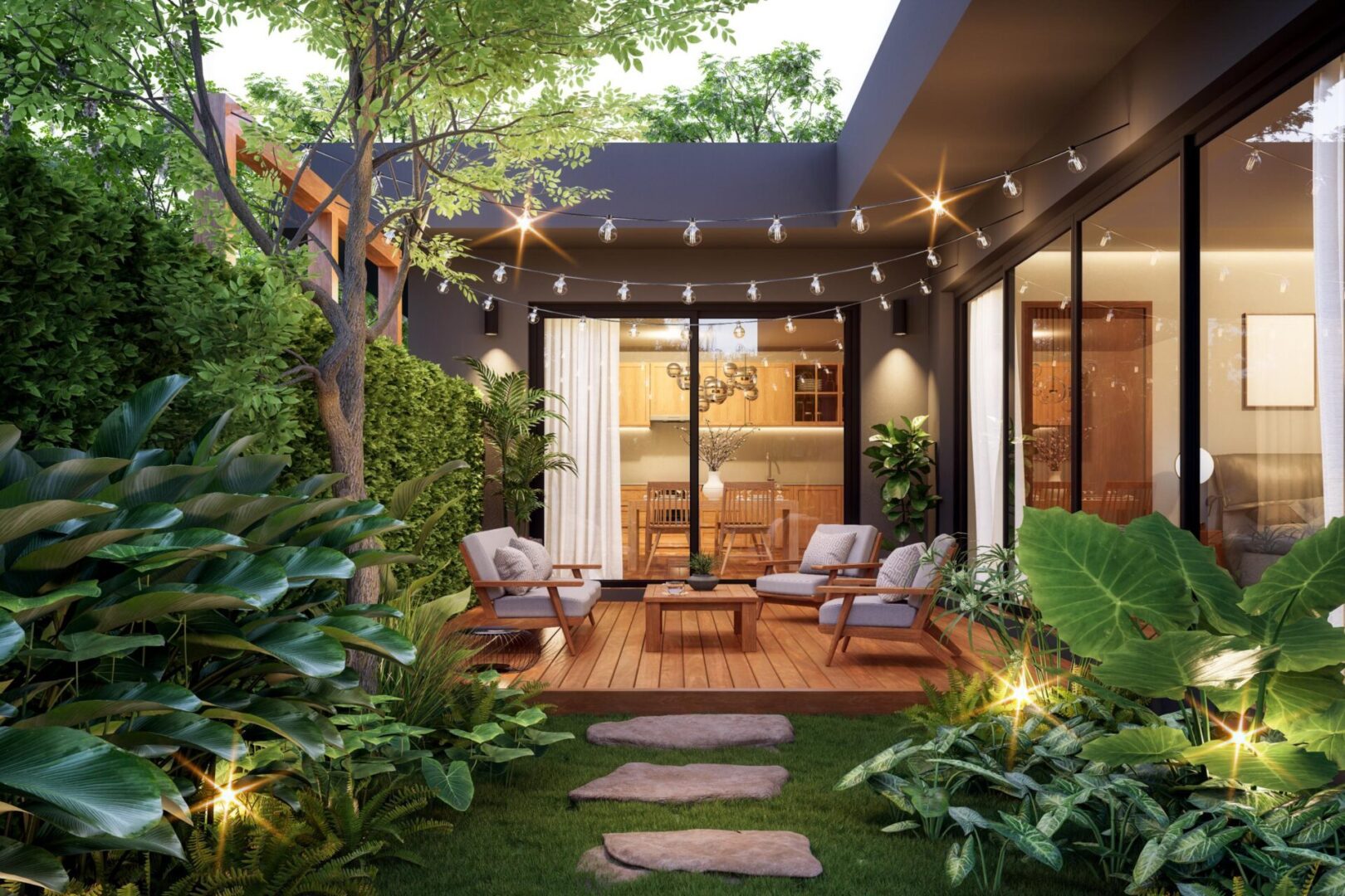 Modern patio with garden and string lights.