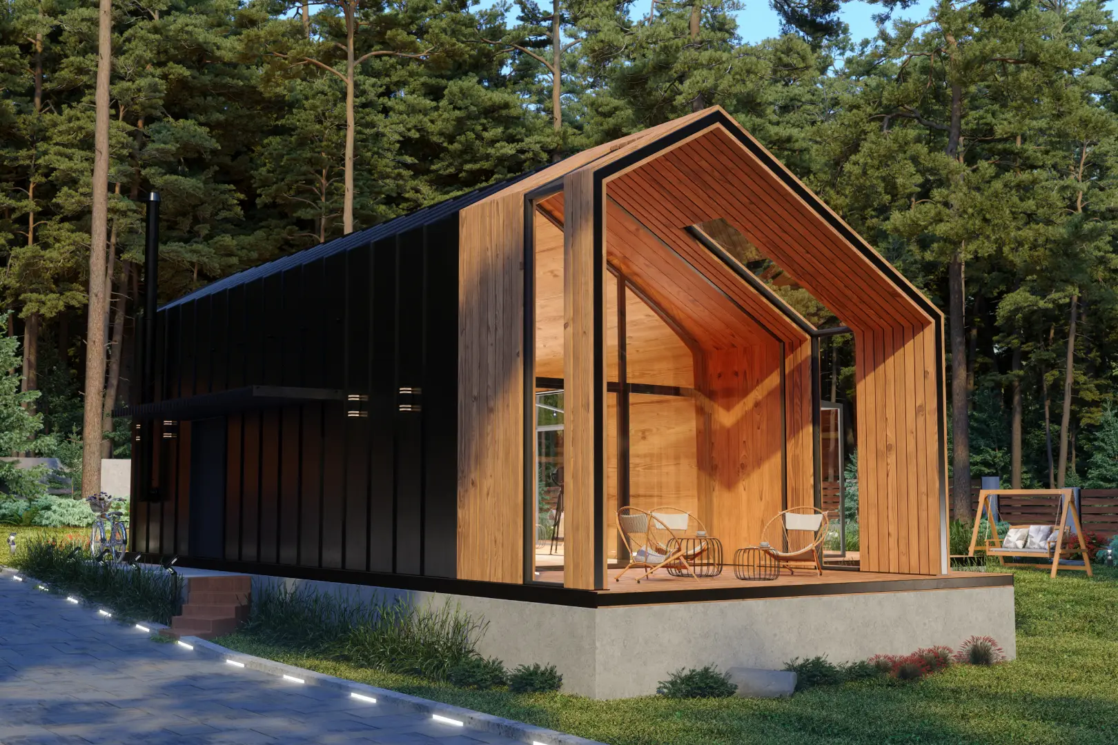 A small house with a large window and a wooden roof.